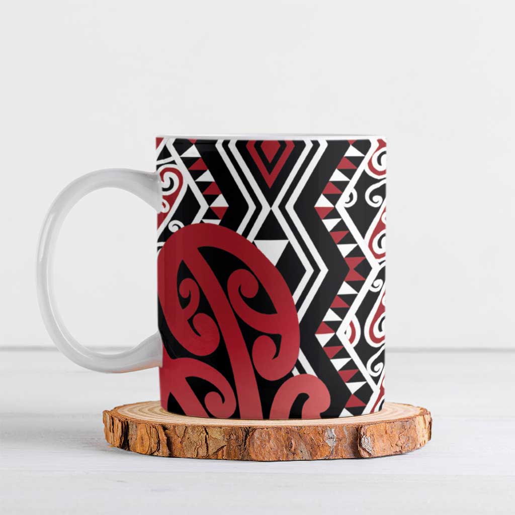 New Zealand Ceramic Mug Aotearoa Kowhaiwhai Mix Taniko Art - Red - Polynesian Pride