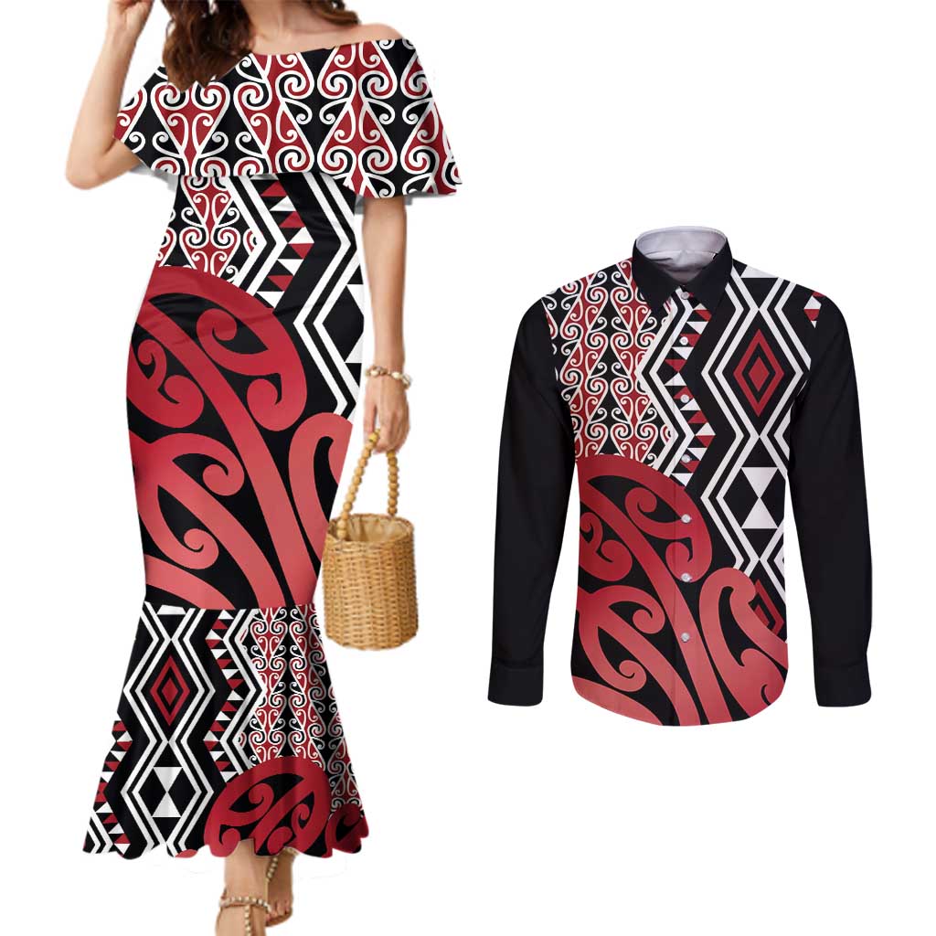 New Zealand Couples Matching Mermaid Dress and Long Sleeve Button Shirt Aotearoa Kowhaiwhai Mix Taniko Art - Red