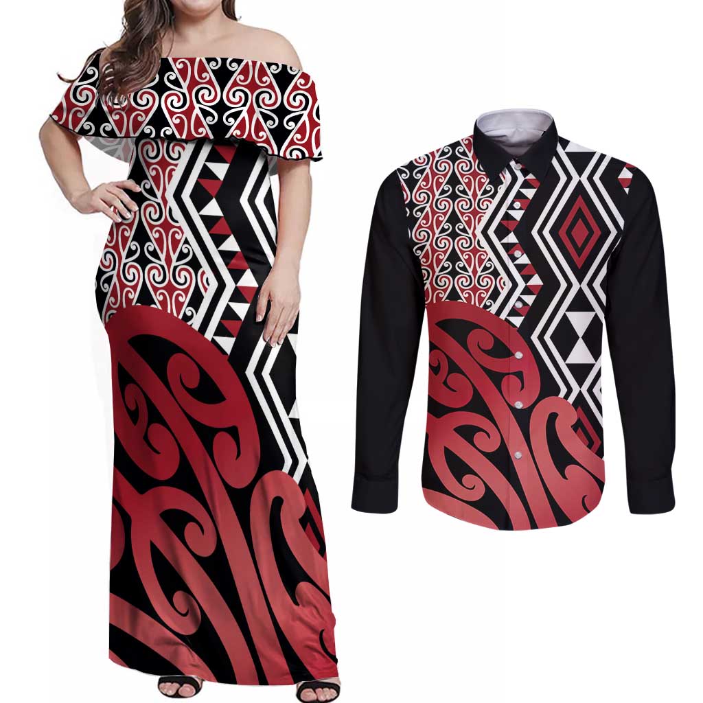 New Zealand Couples Matching Off Shoulder Maxi Dress and Long Sleeve Button Shirt Aotearoa Kowhaiwhai Mix Taniko Art - Red