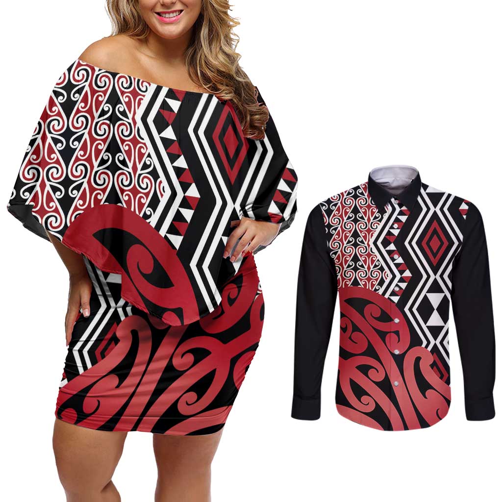 New Zealand Couples Matching Off Shoulder Short Dress and Long Sleeve Button Shirt Aotearoa Kowhaiwhai Mix Taniko Art - Red