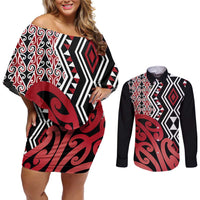 New Zealand Couples Matching Off Shoulder Short Dress and Long Sleeve Button Shirt Aotearoa Kowhaiwhai Mix Taniko Art - Red