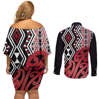 New Zealand Couples Matching Off Shoulder Short Dress and Long Sleeve Button Shirt Aotearoa Kowhaiwhai Mix Taniko Art - Red