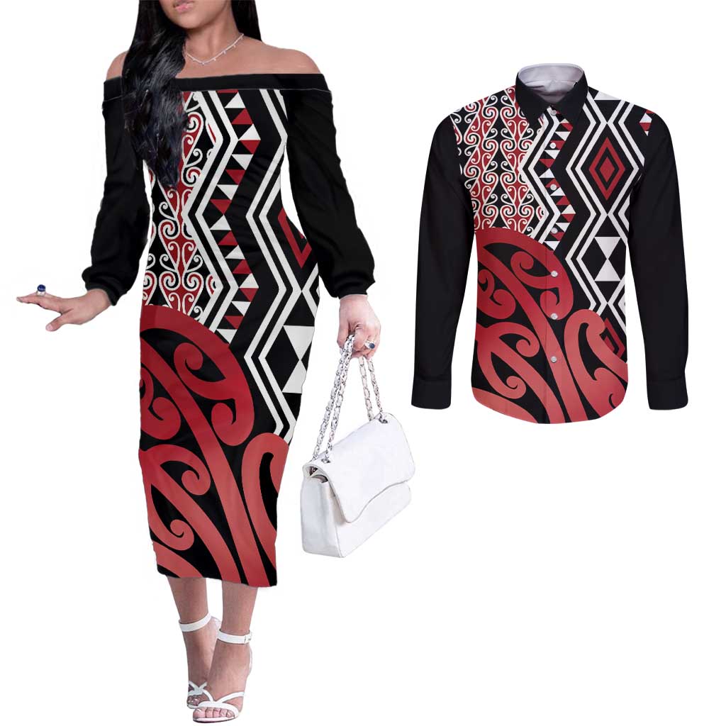 New Zealand Couples Matching Off The Shoulder Long Sleeve Dress and Long Sleeve Button Shirt Aotearoa Kowhaiwhai Mix Taniko Art - Red