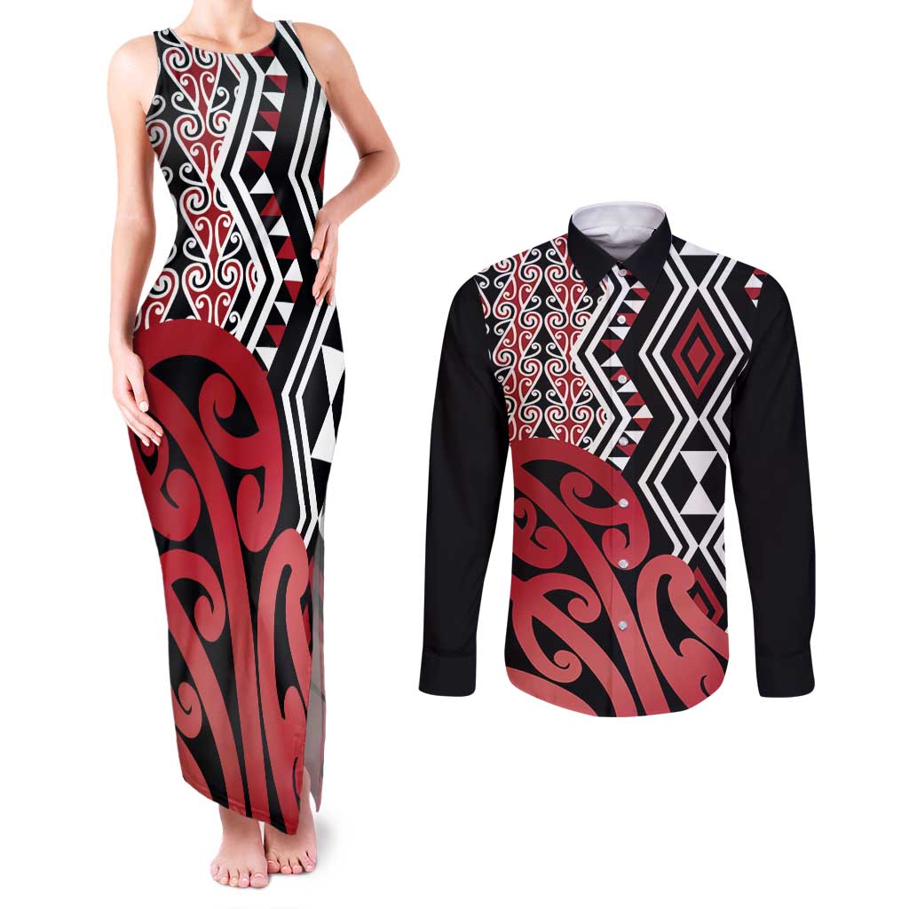 New Zealand Couples Matching Tank Maxi Dress and Long Sleeve Button Shirt Aotearoa Kowhaiwhai Mix Taniko Art - Red