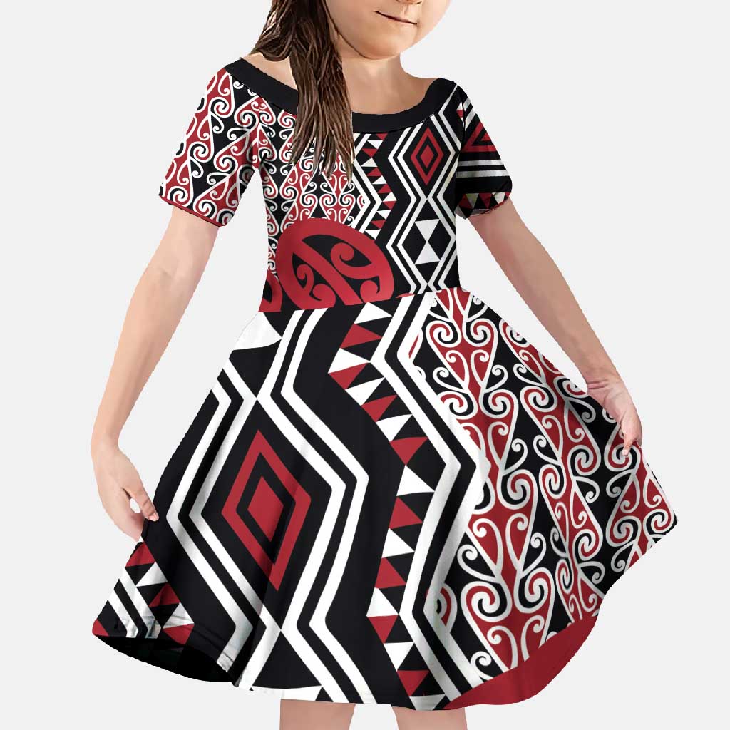 New Zealand Family Matching Long Sleeve Bodycon Dress and Hawaiian Shirt Aotearoa Kowhaiwhai Mix Taniko Art - Red LT14 Daughter's Dress Red - Polynesian Pride