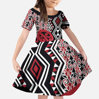 New Zealand Family Matching Long Sleeve Bodycon Dress and Hawaiian Shirt Aotearoa Kowhaiwhai Mix Taniko Art - Red LT14 Daughter's Dress Red - Polynesian Pride