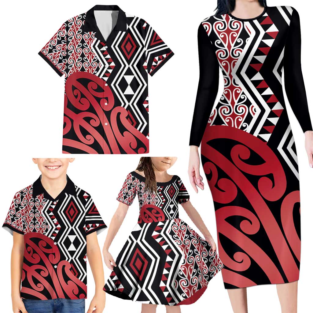 New Zealand Family Matching Long Sleeve Bodycon Dress and Hawaiian Shirt Aotearoa Kowhaiwhai Mix Taniko Art - Red LT14 - Polynesian Pride