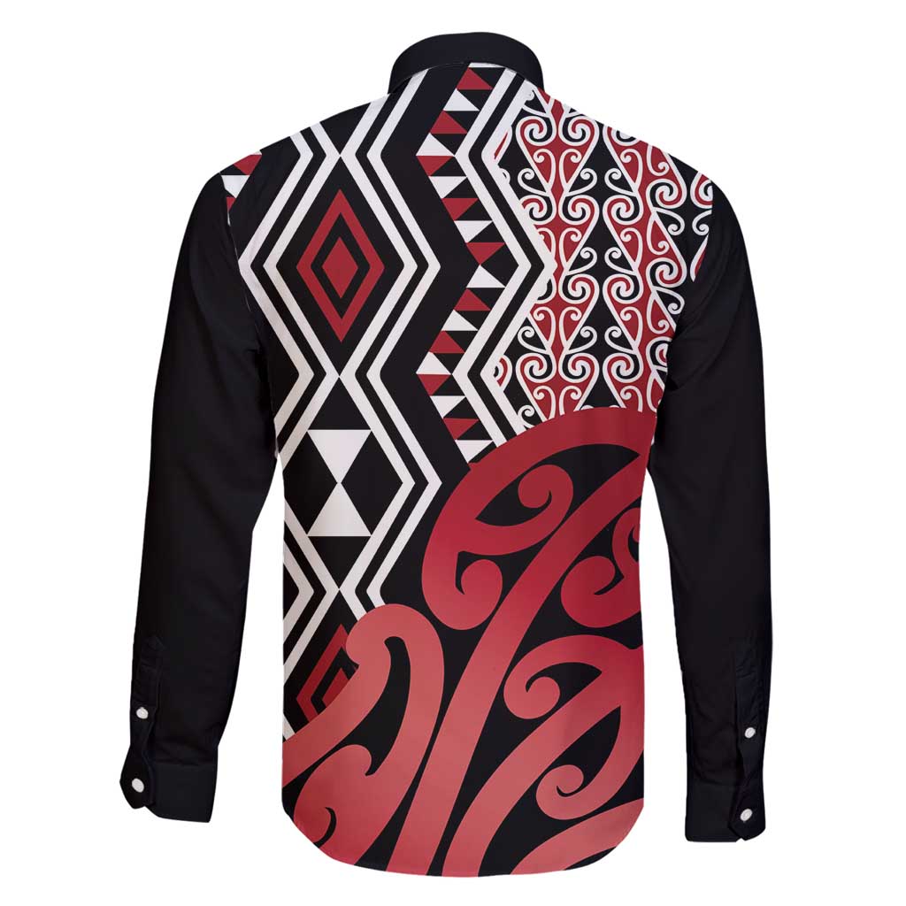 New Zealand Family Matching Long Sleeve Bodycon Dress and Hawaiian Shirt Aotearoa Kowhaiwhai Mix Taniko Art - Red LT14 - Polynesian Pride