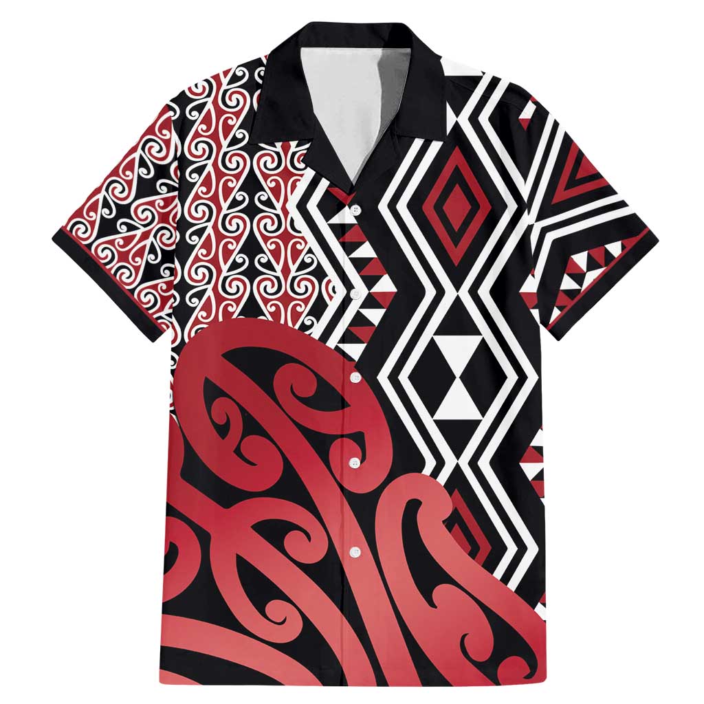 New Zealand Family Matching Mermaid Dress and Hawaiian Shirt Aotearoa Kowhaiwhai Mix Taniko Art - Red LT14 Dad's Shirt - Short Sleeve Red - Polynesian Pride