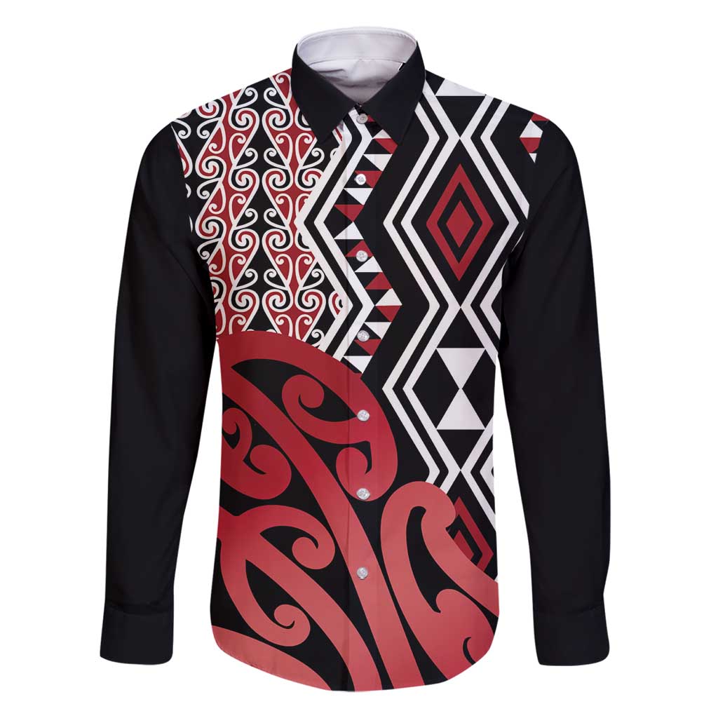 New Zealand Family Matching Mermaid Dress and Hawaiian Shirt Aotearoa Kowhaiwhai Mix Taniko Art - Red LT14 Dad's Shirt - Long Sleeve Red - Polynesian Pride