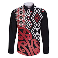 New Zealand Family Matching Off Shoulder Maxi Dress and Hawaiian Shirt Aotearoa Kowhaiwhai Mix Taniko Art - Red LT14 Dad's Shirt - Long Sleeve Red - Polynesian Pride