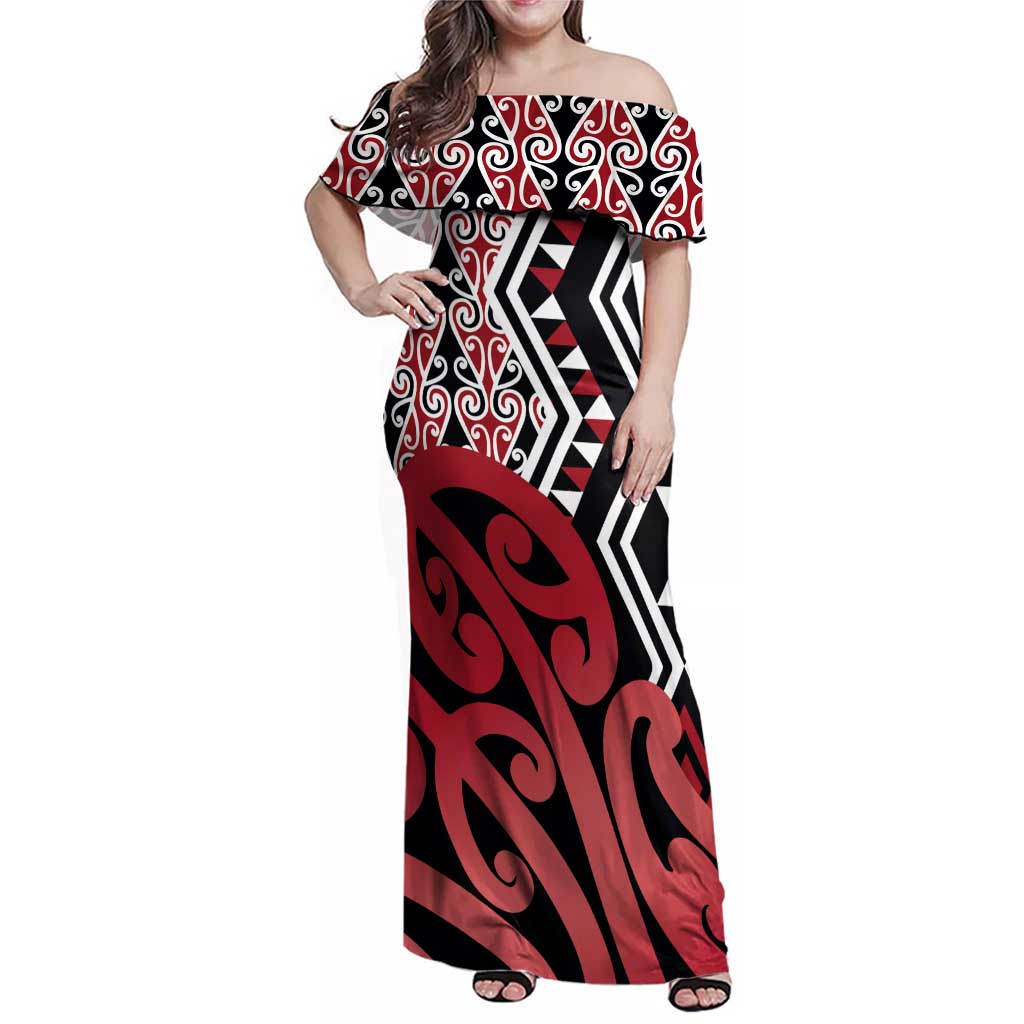 New Zealand Family Matching Off Shoulder Maxi Dress and Hawaiian Shirt Aotearoa Kowhaiwhai Mix Taniko Art - Red LT14 Mom's Dress Red - Polynesian Pride