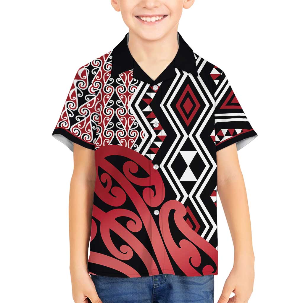 New Zealand Family Matching Off Shoulder Maxi Dress and Hawaiian Shirt Aotearoa Kowhaiwhai Mix Taniko Art - Red LT14 Son's Shirt Red - Polynesian Pride