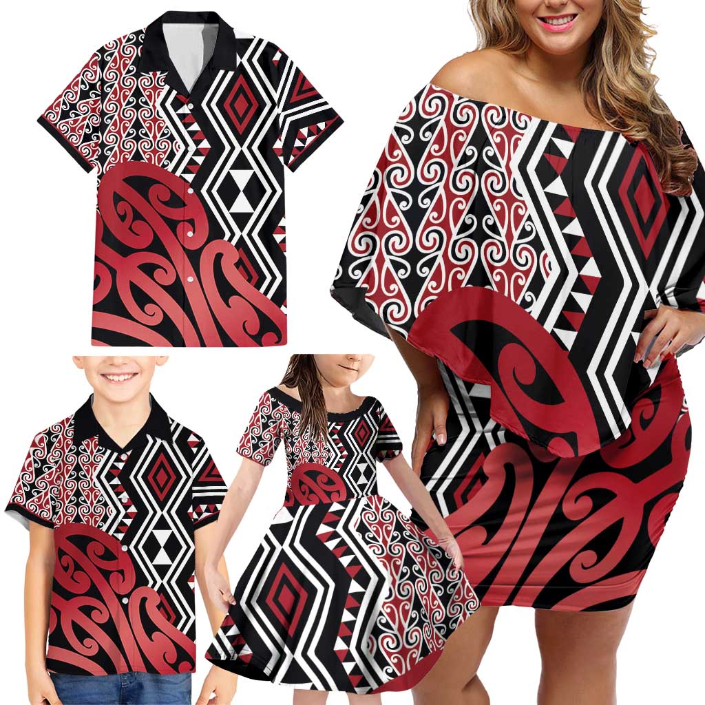 New Zealand Family Matching Off Shoulder Short Dress and Hawaiian Shirt Aotearoa Kowhaiwhai Mix Taniko Art - Red LT14 - Polynesian Pride