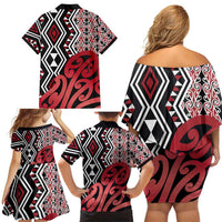 New Zealand Family Matching Off Shoulder Short Dress and Hawaiian Shirt Aotearoa Kowhaiwhai Mix Taniko Art - Red LT14 - Polynesian Pride