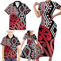 New Zealand Family Matching Short Sleeve Bodycon Dress and Hawaiian Shirt Aotearoa Kowhaiwhai Mix Taniko Art - Red LT14 - Polynesian Pride