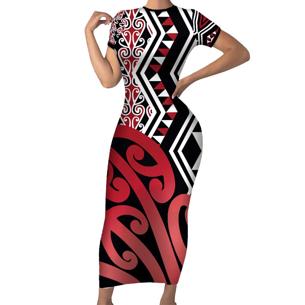 New Zealand Family Matching Short Sleeve Bodycon Dress and Hawaiian Shirt Aotearoa Kowhaiwhai Mix Taniko Art - Red LT14 Mom's Dress Red - Polynesian Pride