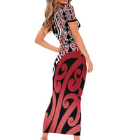 New Zealand Family Matching Short Sleeve Bodycon Dress and Hawaiian Shirt Aotearoa Kowhaiwhai Mix Taniko Art - Red LT14 - Polynesian Pride