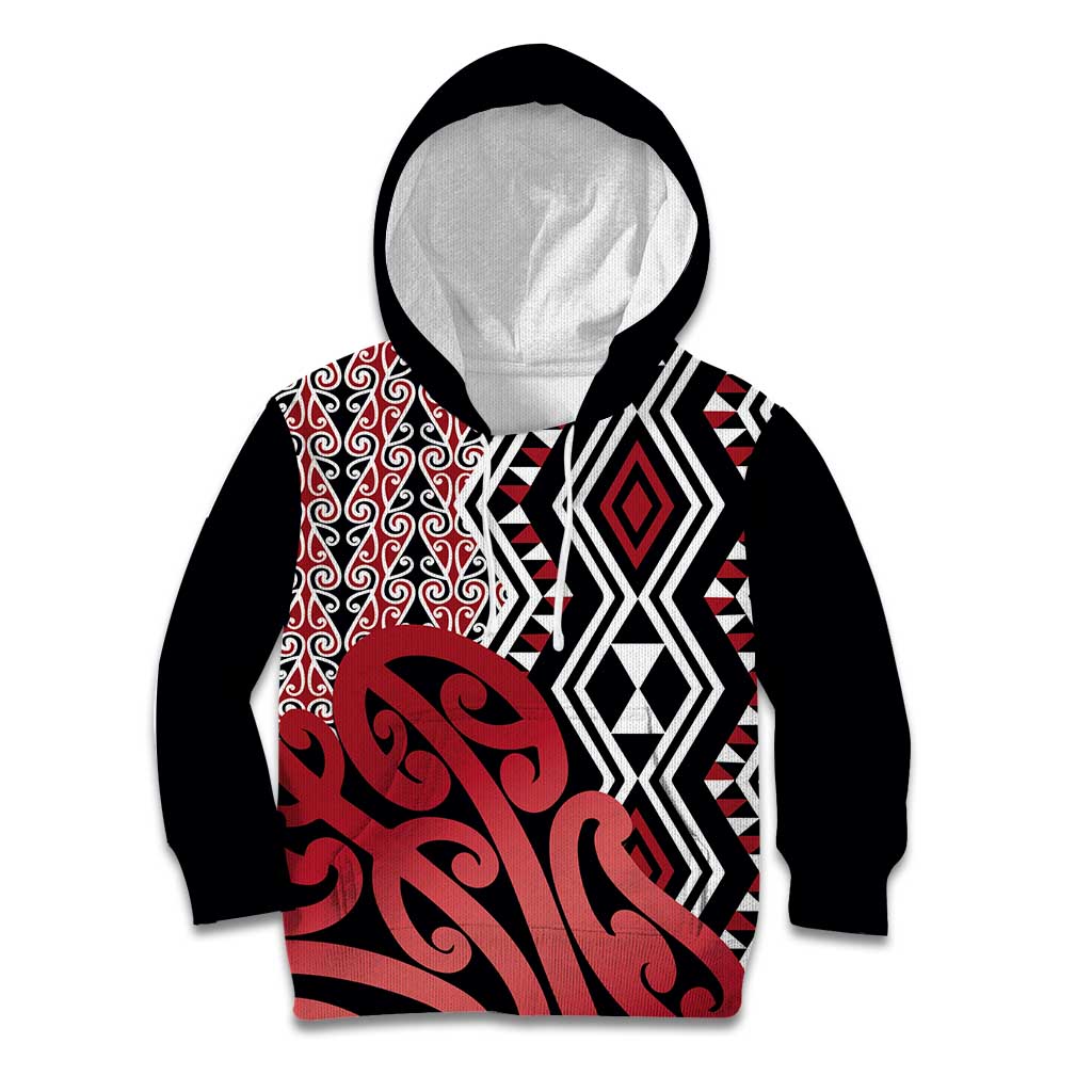 New Zealand Kid Hoodie Aotearoa Kowhaiwhai Mix Taniko Art - Red