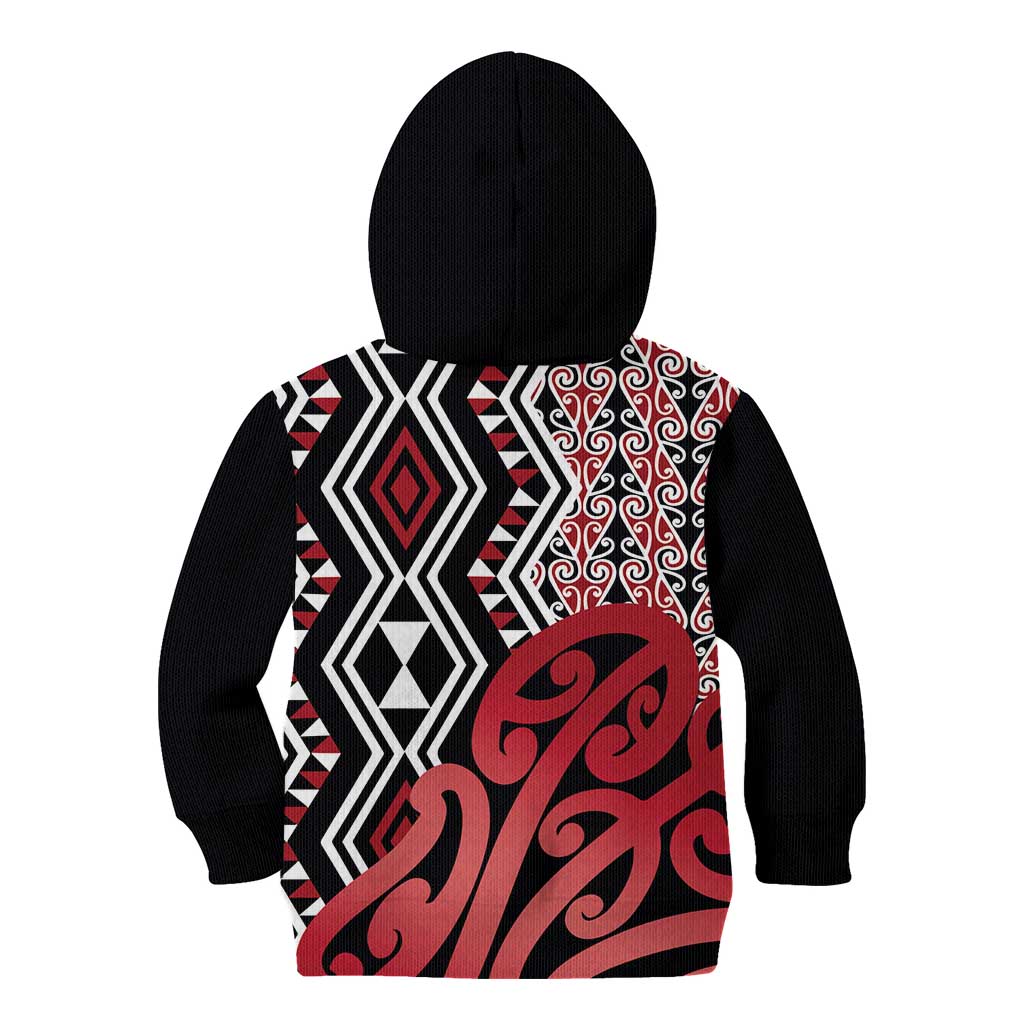 New Zealand Kid Hoodie Aotearoa Kowhaiwhai Mix Taniko Art - Red