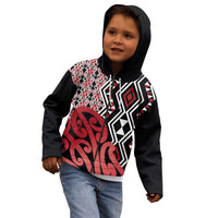 New Zealand Kid Hoodie Aotearoa Kowhaiwhai Mix Taniko Art - Red