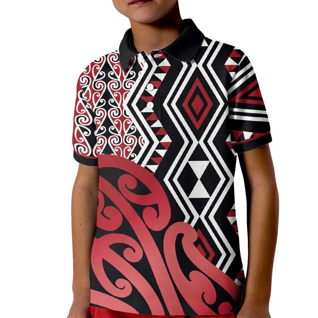New Zealand Kid Polo Shirt Aotearoa Kowhaiwhai Mix Taniko Art - Red LT14 Kid Red - Polynesian Pride