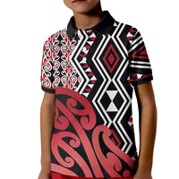 New Zealand Kid Polo Shirt Aotearoa Kowhaiwhai Mix Taniko Art - Red LT14 Kid Red - Polynesian Pride