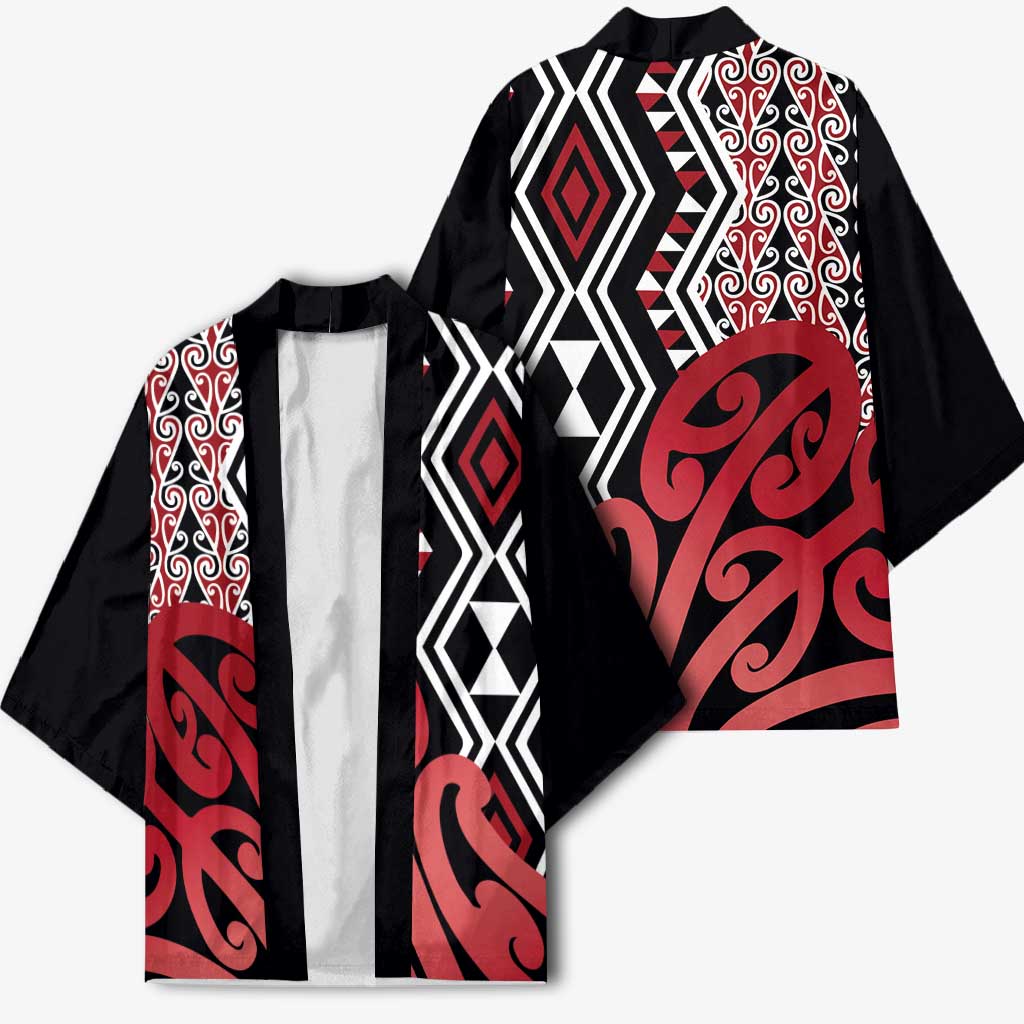 New Zealand Kimono Aotearoa Kowhaiwhai Mix Taniko Art - Red - Polynesian Pride