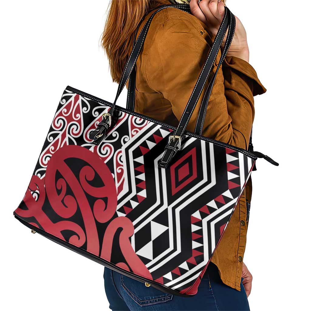 New Zealand Leather Tote Bag Aotearoa Kowhaiwhai Mix Taniko Art - Red LT14 - Polynesian Pride