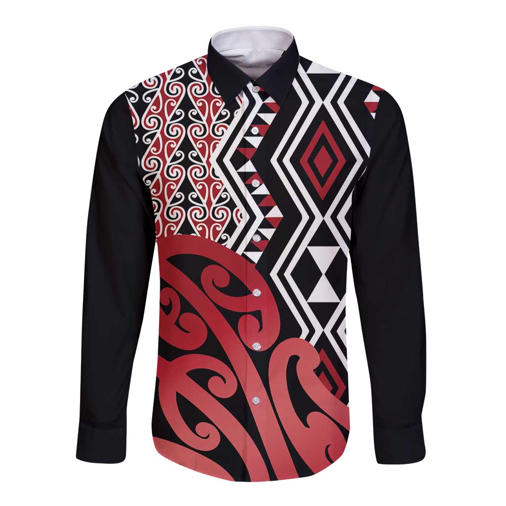 New Zealand Long Sleeve Button Shirt Aotearoa Kowhaiwhai Mix Taniko Art - Red