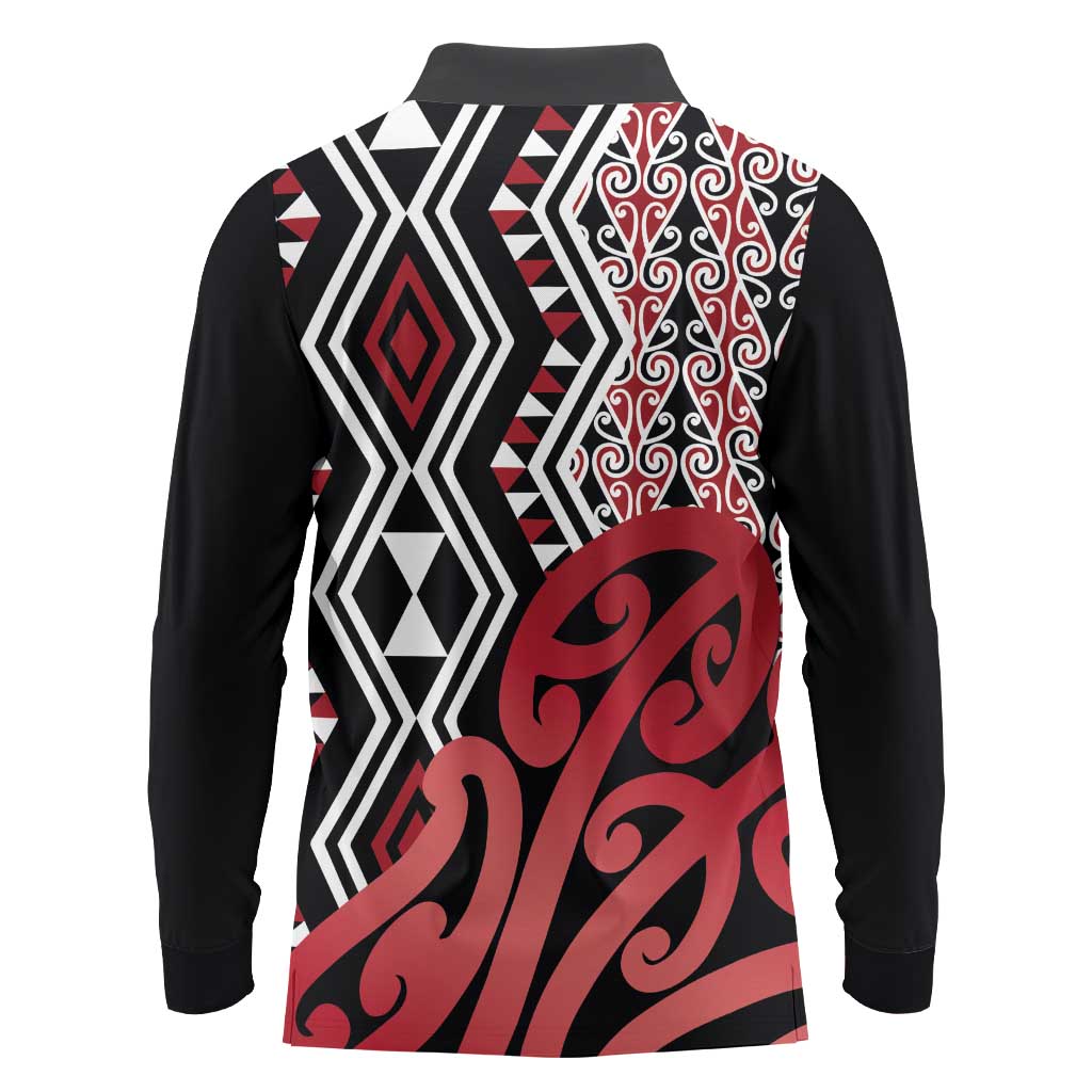 New Zealand Long Sleeve Polo Shirt Aotearoa Kowhaiwhai Mix Taniko Art - Red LT14 - Polynesian Pride