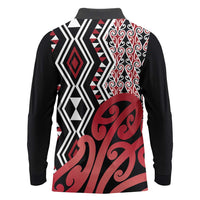 New Zealand Long Sleeve Polo Shirt Aotearoa Kowhaiwhai Mix Taniko Art - Red LT14 - Polynesian Pride