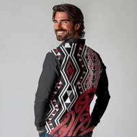 New Zealand Long Sleeve Polo Shirt Aotearoa Kowhaiwhai Mix Taniko Art - Red LT14 - Polynesian Pride