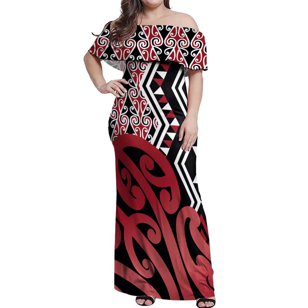New Zealand Off Shoulder Maxi Dress Aotearoa Kowhaiwhai Mix Taniko Art - Red