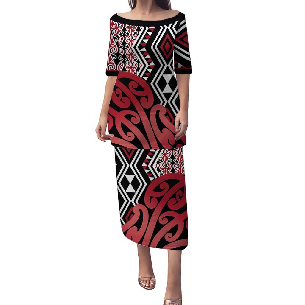 New Zealand Puletasi Aotearoa Kowhaiwhai Mix Taniko Art - Red LT14 Long Dress Red - Polynesian Pride