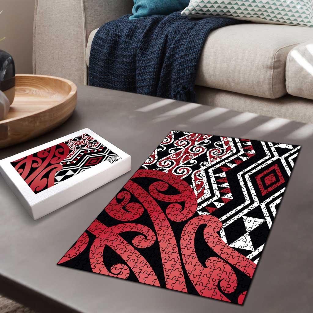 New Zealand Puzzle Aotearoa Kowhaiwhai Mix Taniko Art - Red - Polynesian Pride