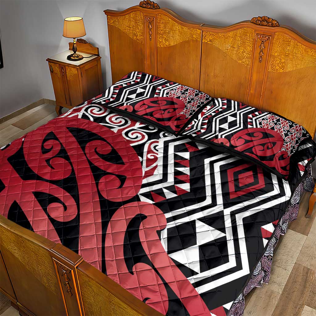New Zealand Quilt Bed Set Aotearoa Kowhaiwhai Mix Taniko Art - Red