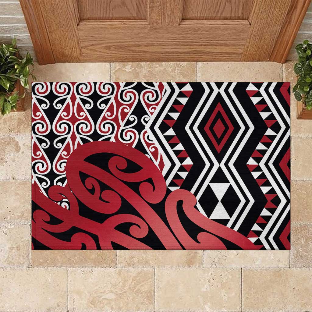 New Zealand Rubber Doormat Aotearoa Kowhaiwhai Mix Taniko Art - Red LT14 Red - Polynesian Pride