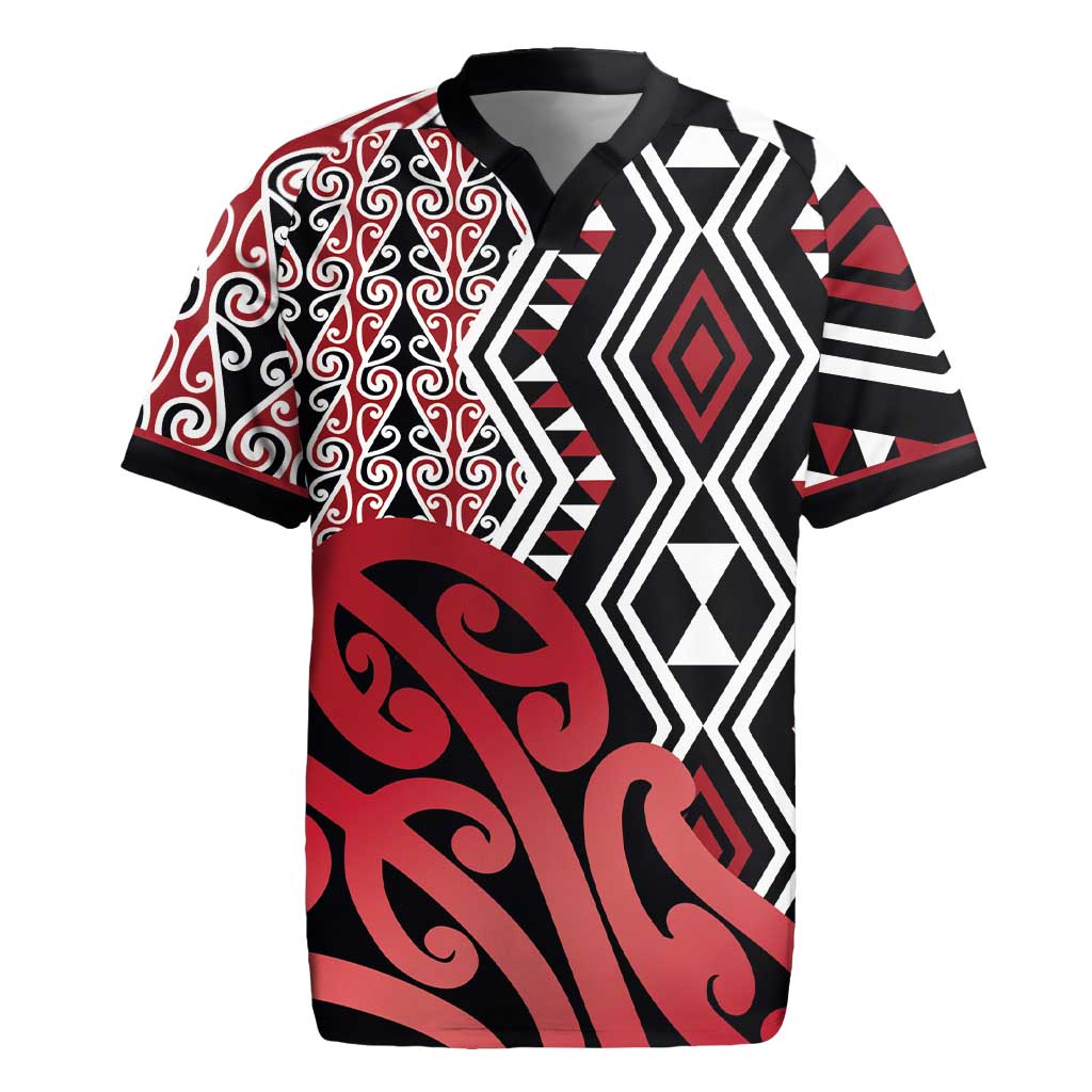New Zealand Rugby Jersey Aotearoa Kowhaiwhai Mix Taniko Art - Red LT14 Red - Polynesian Pride