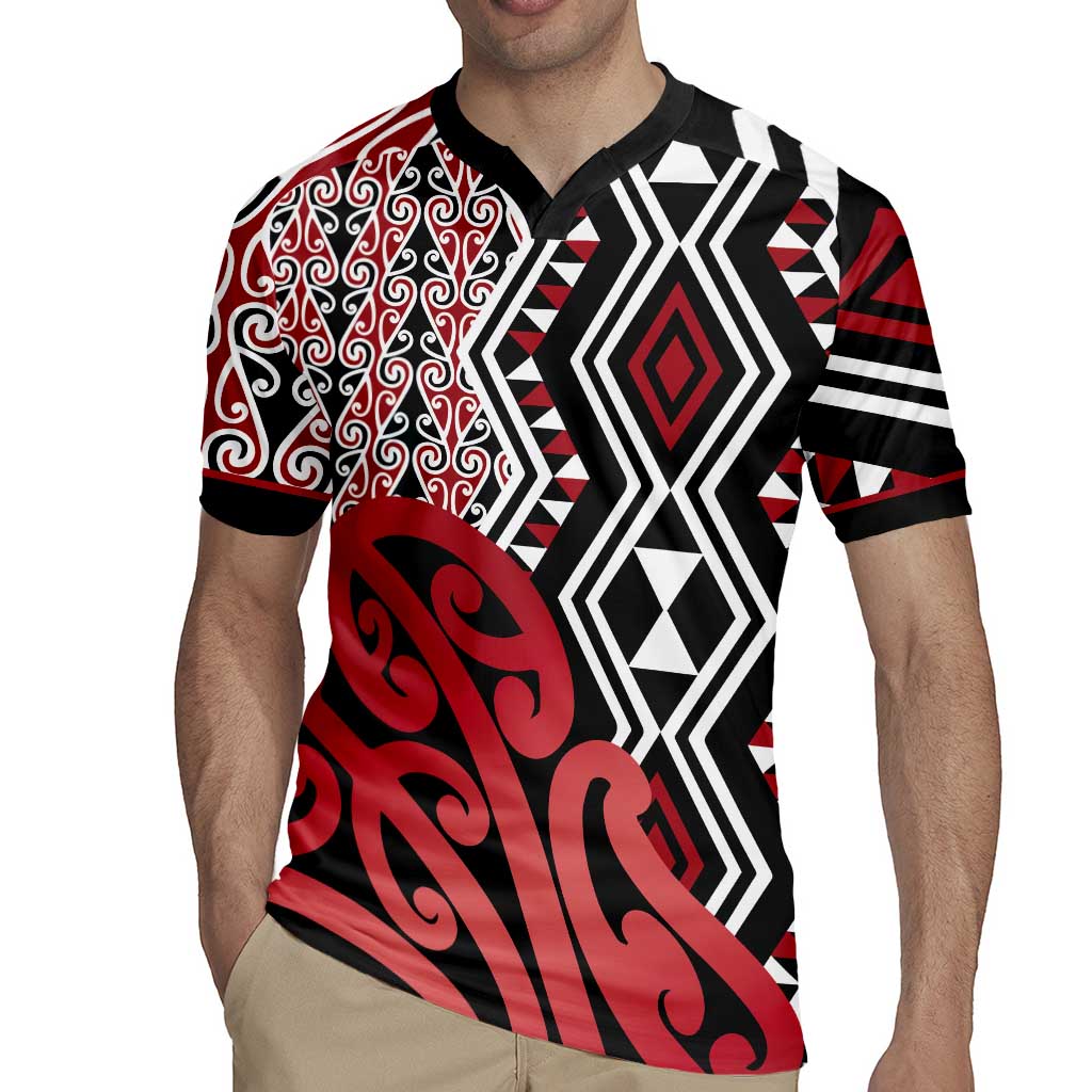 New Zealand Rugby Jersey Aotearoa Kowhaiwhai Mix Taniko Art - Red LT14 - Polynesian Pride