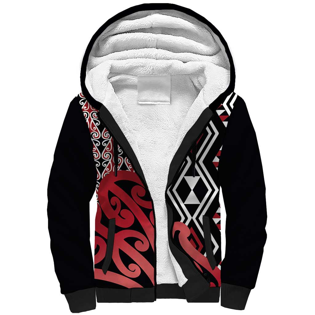 New Zealand Sherpa Hoodie Aotearoa Kowhaiwhai Mix Taniko Art - Red