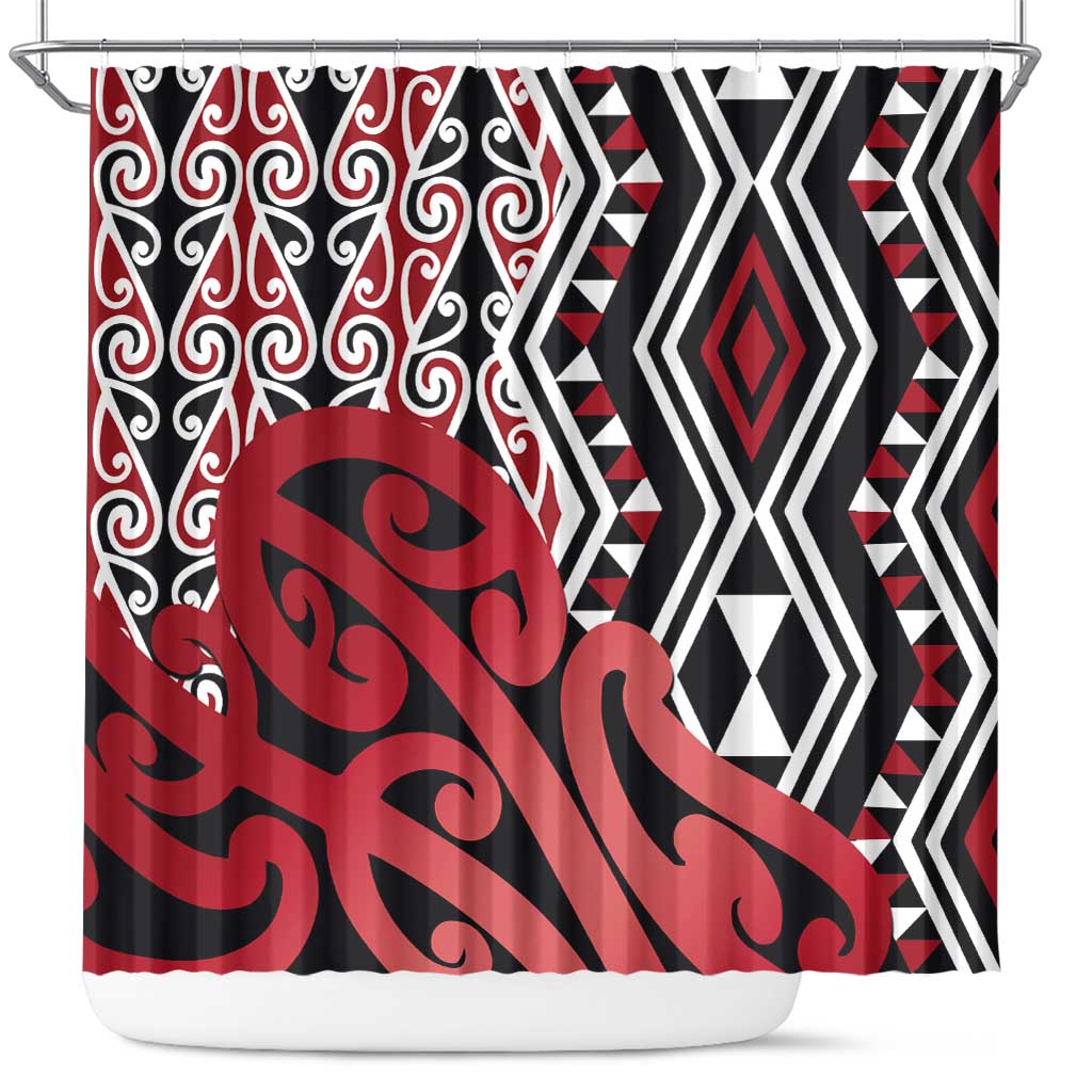 New Zealand Shower Curtain Aotearoa Kowhaiwhai Mix Taniko Art - Red