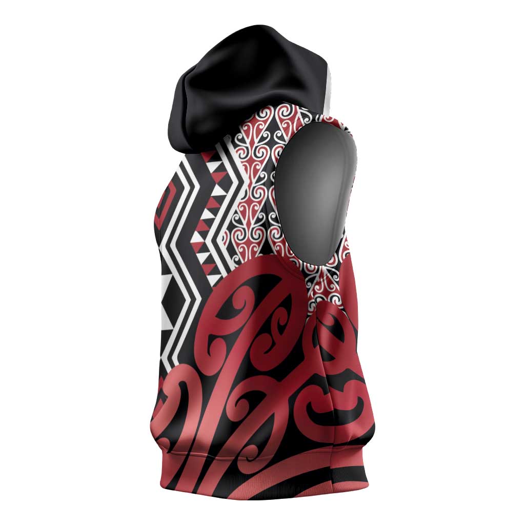 New Zealand Sleeveless Hoodie Aotearoa Kowhaiwhai Mix Taniko Art - Red - Polynesian Pride
