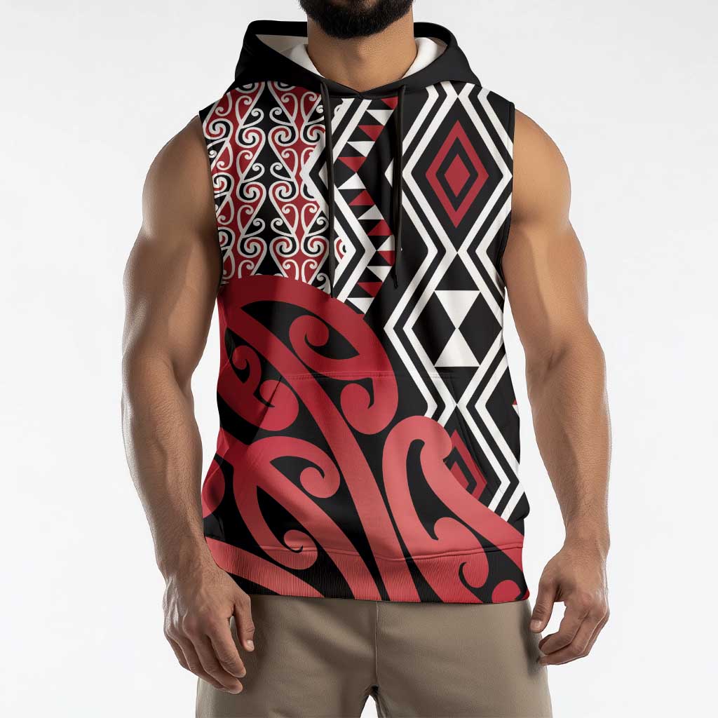 New Zealand Sleeveless Hoodie Aotearoa Kowhaiwhai Mix Taniko Art - Red - Polynesian Pride