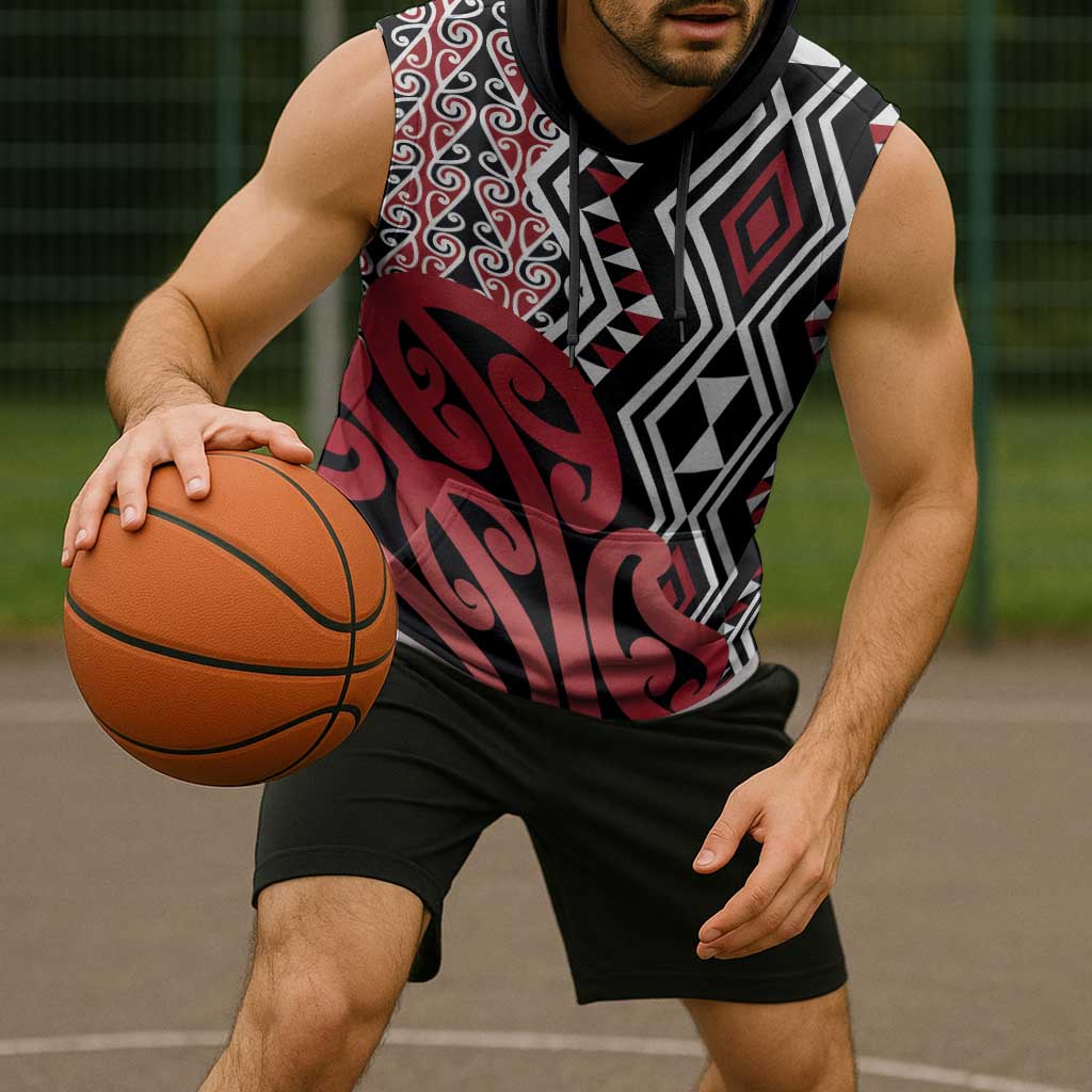 New Zealand Sleeveless Hoodie Aotearoa Kowhaiwhai Mix Taniko Art - Red - Polynesian Pride