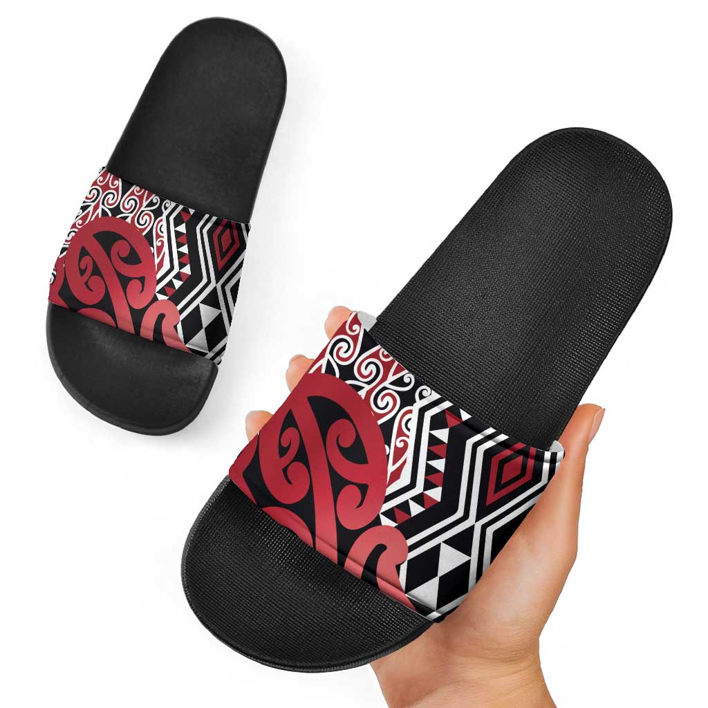 New Zealand Slide Sandals Aotearoa Kowhaiwhai Mix Taniko Art - Red LT14 - Polynesian Pride