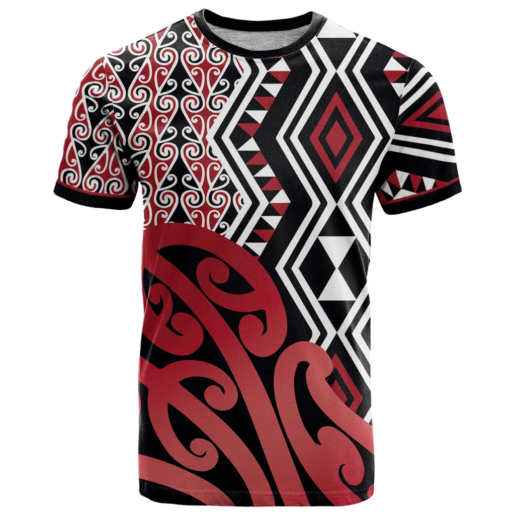 New Zealand T Shirt Aotearoa Kowhaiwhai Mix Taniko Art - Red