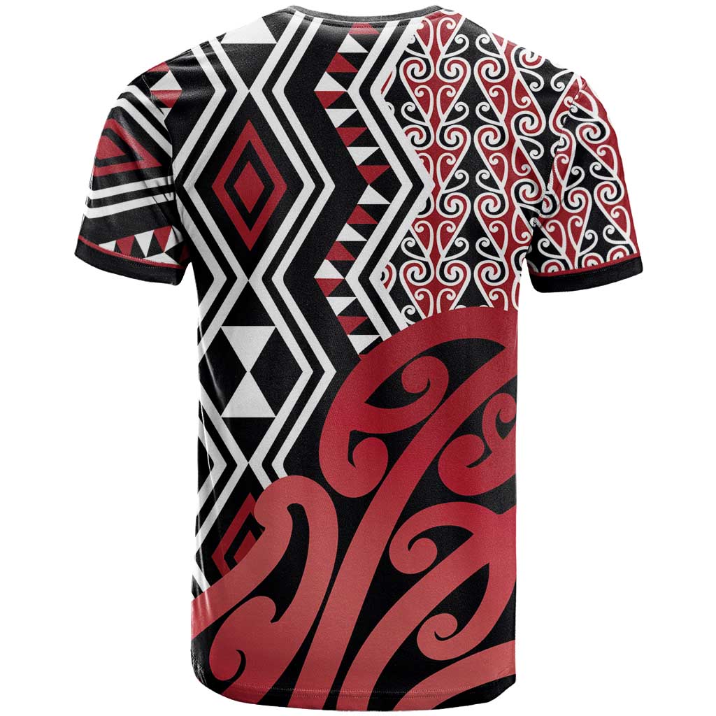 New Zealand T Shirt Aotearoa Kowhaiwhai Mix Taniko Art - Red LT14 - Polynesian Pride