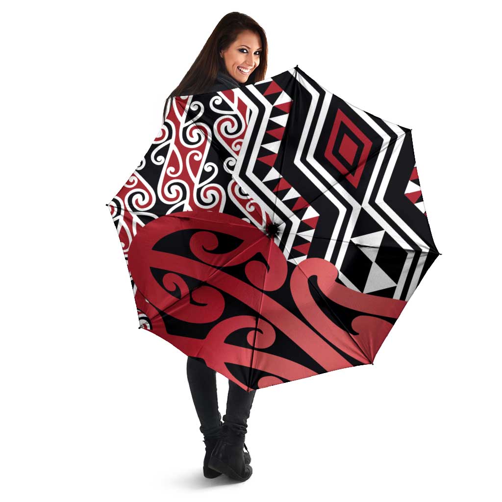 New Zealand Umbrella Aotearoa Kowhaiwhai Mix Taniko Art - Red - Polynesian Pride