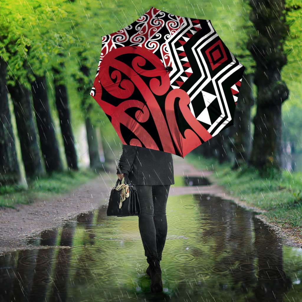 New Zealand Umbrella Aotearoa Kowhaiwhai Mix Taniko Art - Red - Polynesian Pride